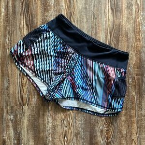 Athleta Lined Blue and Red Striped Adjustable Waist Workout Shorts